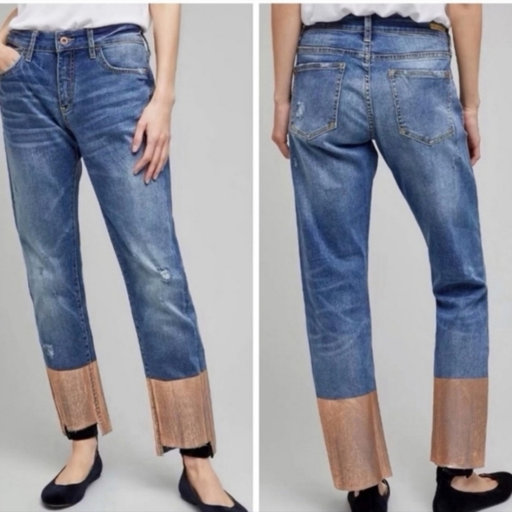NWT ANTHROPOLOGIE PILCRO SLIM BOYFRIEND METALLIC HEM JEANS SIZE 26